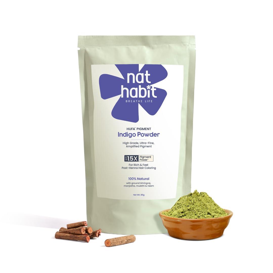 Nat Habit Organic Indigo Powder, Natural Hair Color for Black Hair, HUFA, Indigo Leaf Powder for Rich and Fast Post-Henna Coloring, Chemical Free (Pack of 1 X 85g)