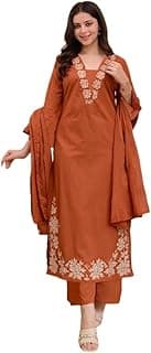 ANNI DESIGNER Pure Cotton Embroidered Kurta Set for Women | Rust Orange Kurta with Pants & Dupatta | Floral Neck & Hem Embroidery | Cotton Kurta Set for Women | 10 Colour Options Available
