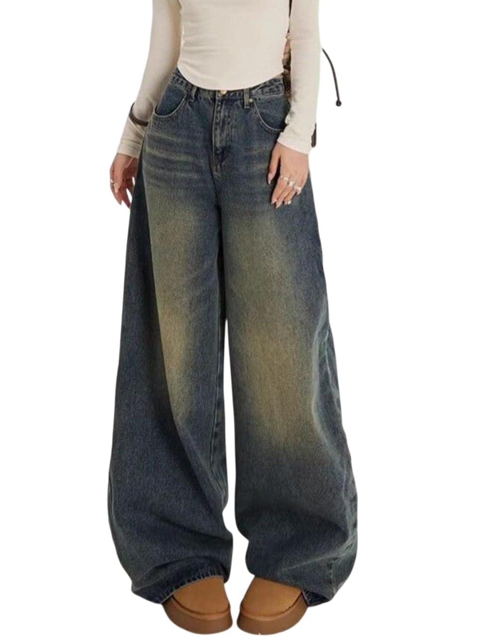 KOTTY Women High Waist Wide Leg Jeans Baggy Fit Vintage Wash Loose Denim Casual Jeans-KTTLADIESJEANS3219_Midnight Blue