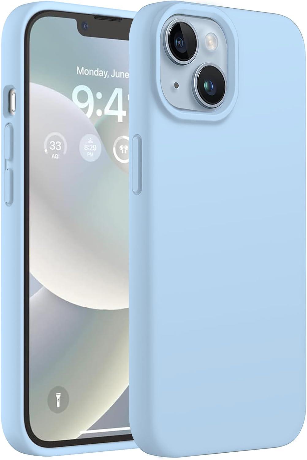 DIZORO Compatible for iPhone 14 Case Slim Liquid Silicone 3 Layers Full Covered Soft Gel Rubber Phone Case Protective Cover 6.1 Inch - Ice Blue