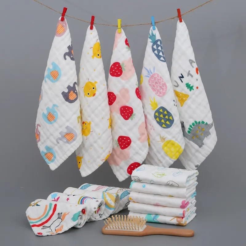 Little Boo Muslin 6 Layer Cotton Face Towels for Newborn Baby Extra Soft Hankies Reusable Napkins for Infants Toddlers/Kids (Pack of 5) White Printed.