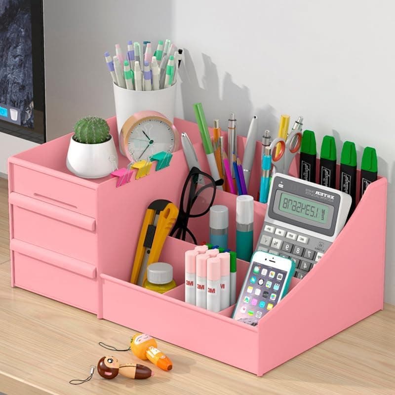 Shuttle Art Plastic Modern Desk Organizer with Pencil Holders, Sticky Note, Paperclip Storage I Multi-Functional Office Table Accessories Desk Organization for School, Home, Office Supplies (Pink)