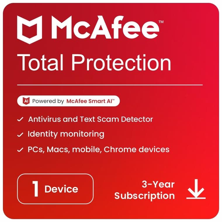 McAfee Total Protection 2026 | 1 Device, 3 Year | Antivirus Internet Security Software | Password Manager & Dark Web Monitoring Included | PC/Mac/Android/iOS | Email Delivery
