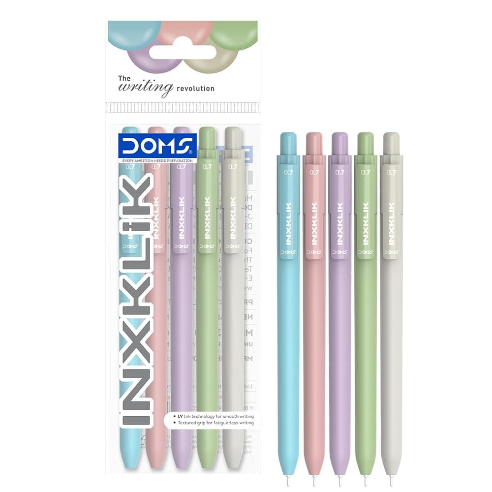 Doms INXKLIK Ball Point Pen | Smooth Click| Needle Tip | 5 Vibrant Colours | Perfecr Grip Pack of 5