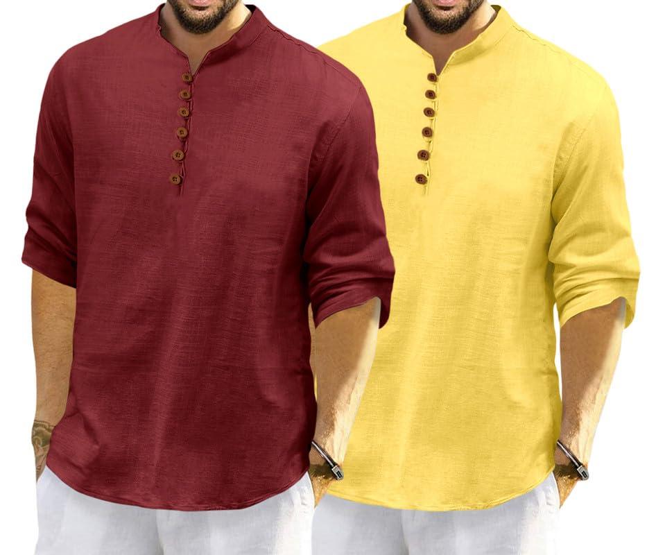 ROYALSCOUT Men's Cotton Polyester Blend Solid Regular Fit Full Sleeve Short Kurta | Ethnic, Lightweight Summer Kurta for Daily & Occasion Use Maroon-Yellow