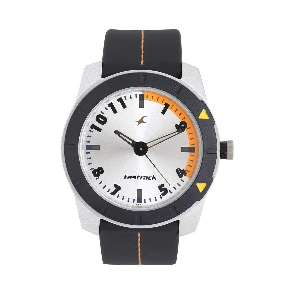 Fastrack Skyline Quartz Analog Silver Dial Black Leather Strap Watch for Guys - NS3015AL01