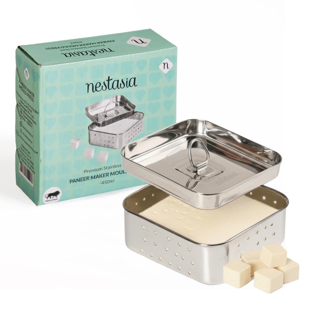Nestasia Small Stainless Steel Paneer Maker (450 ml) - Square Paneer Maker Mould Press with Lid | Rust Resistant Medium Paneer Strainer - Perfect for Fresh Paneer, Tofu & Sprouts