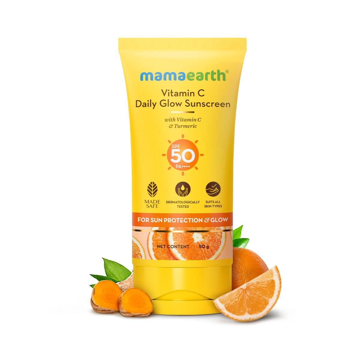 Mamaearth Vitamin C Daily Glow Sunscreen with Vitamin C & Turmeric | For Sun Protection, Tan Protection & Glow | SPF 50 & PA++++ Protection | No White Cast | Lightweight & Non-Sticky | Brightens Skin | In-Vivo Tested | For All Skin Types | 50 g