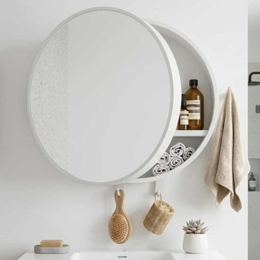 CIPLA PLAST Pearl Round Bathroom Mirror Cabinet with Towel Holder & 2 Accessories Hooks | Wall-Mounted Modern Design Cabinet with Storage | Moisture Resistant Bathroom Organizer with Toothbrush Holder