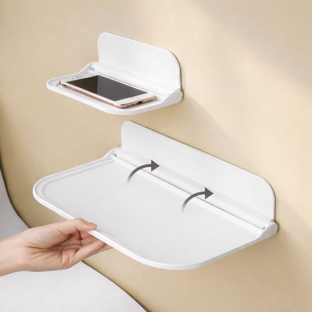 Qukwilaa Foldable Wall Mounted Shelf, Self Adhesive Floating Storage Rack, No Drill Space Saving Organizer for Bathroom, Bedroom, Kitchen & Office, Phone Holder & Multipurpose Wall Stand