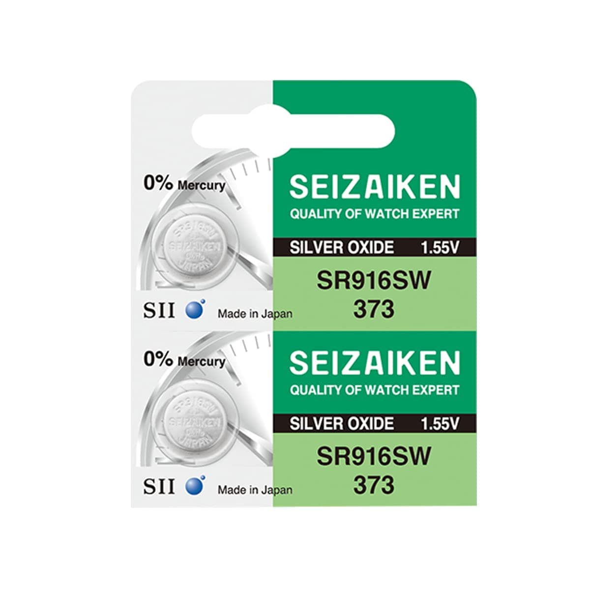 Seizaiken 373 SR916SW 1.55V 0% Hg Silver Oxide Watch Battery (2 Batteries) Made in Japan by Seiko