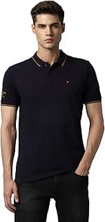 Louis Philippe Men's Slim Fit Single-Tuck Pique Stylized Sleeve Print and Contrast Tipping Half Sleeve Solid Polo Tshirt