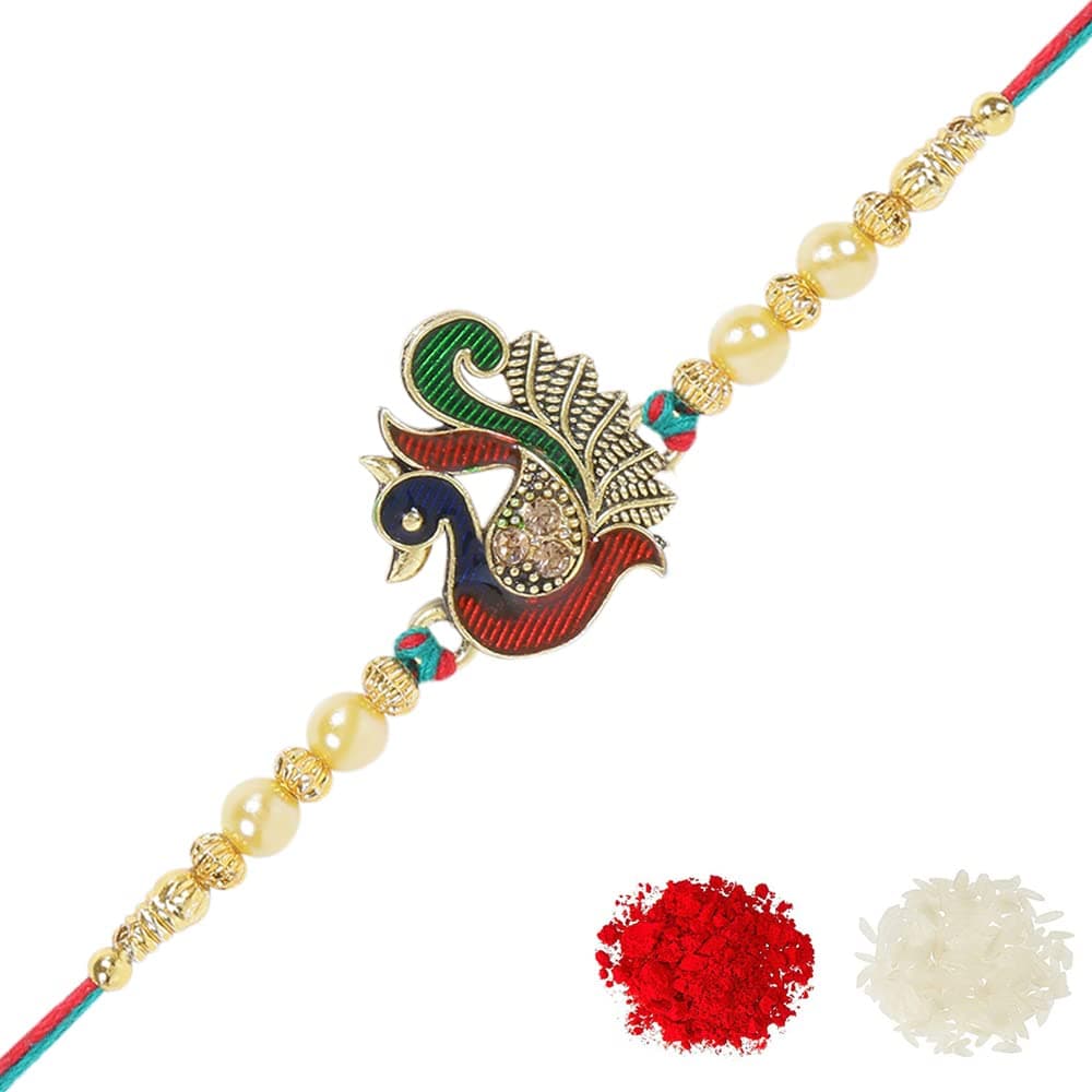 Riddhika Ventures Meenakari Peacock Rakhi – A Bond of Love & Protection with Roli Chawal and Greeting Card (P7)