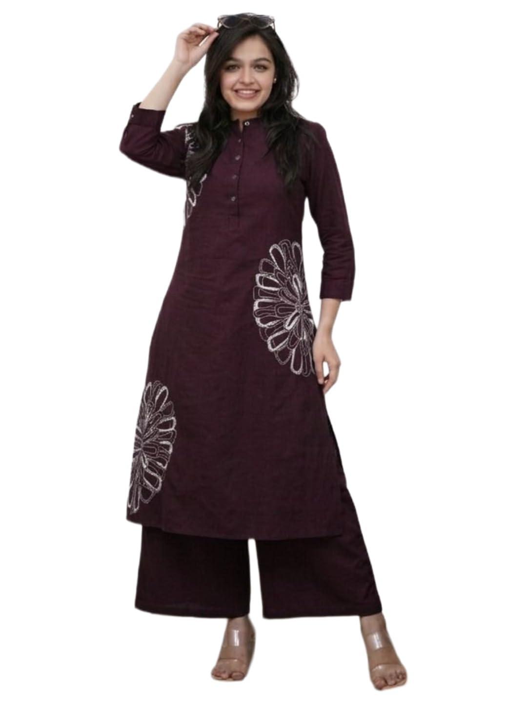 GoSriKi Women's Cotton Blend A-Line Embroidered Kurta with Palazzo (Bhagan Wine-GS_L_Wine_Large)