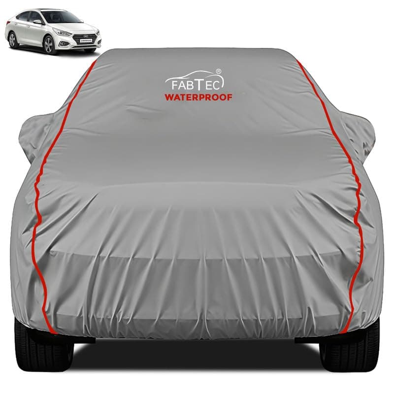FABTEC Waterproof Premium Car Cover for Hyundai Verna Super Waterproof Car Body Cover Heavy Duty Durable PEVA Grey with Red Piping