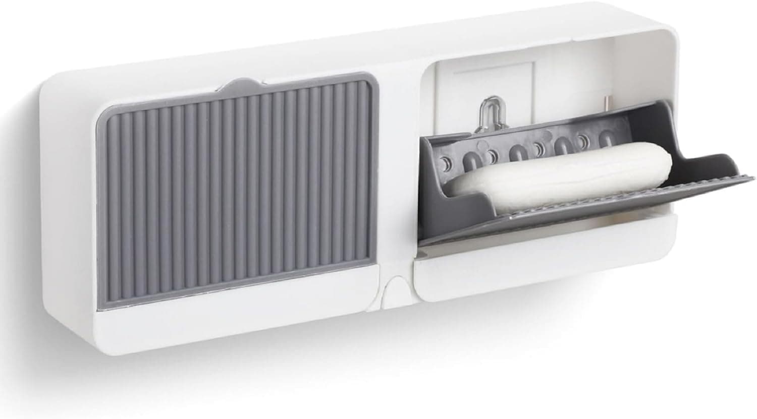 RERANT Wall Mounted Soap Holder Box with Lid and Pull-Out Drain Tray, Adhesive Wall Installation Soap Case with Hook, Bathroom Bar Soap Storage Organizer Unit