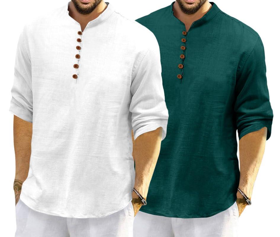 ROYALSCOUT Men's Cotton Polyester Blend Solid Regular Fit Full Sleeve Short Kurta | Ethnic, Lightweight Summer Kurta for Daily & Occasion Use White-Green