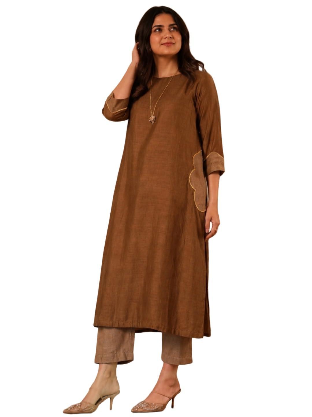 ANNI DESIGNER Women's Viscose Solid A-Line Kurta with Pant for Women (SAHILA Brown_5XL_Brown_5XL)