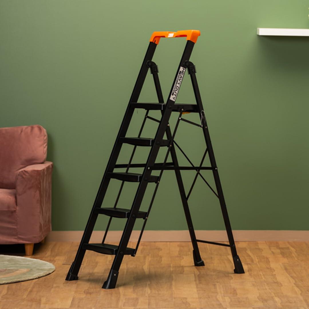 Bonkaso Alloy Steel Climb Master 5-Step Foldable Heavy Duty Ladder for Home, Indoor and Outdoor Purpose with Anti-Slip and Advanced Locking System- (Black & Orange)