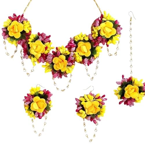ZENEME Yellow Floral Haldi Jewellery Set for Women & Girls Handcrafted Flower Necklace Set with Earrings, Maang Tikka & Hand Accessories Mehendi , Haldi ,Wedding , Bridal & Baby Shower Ceremony Jewellery