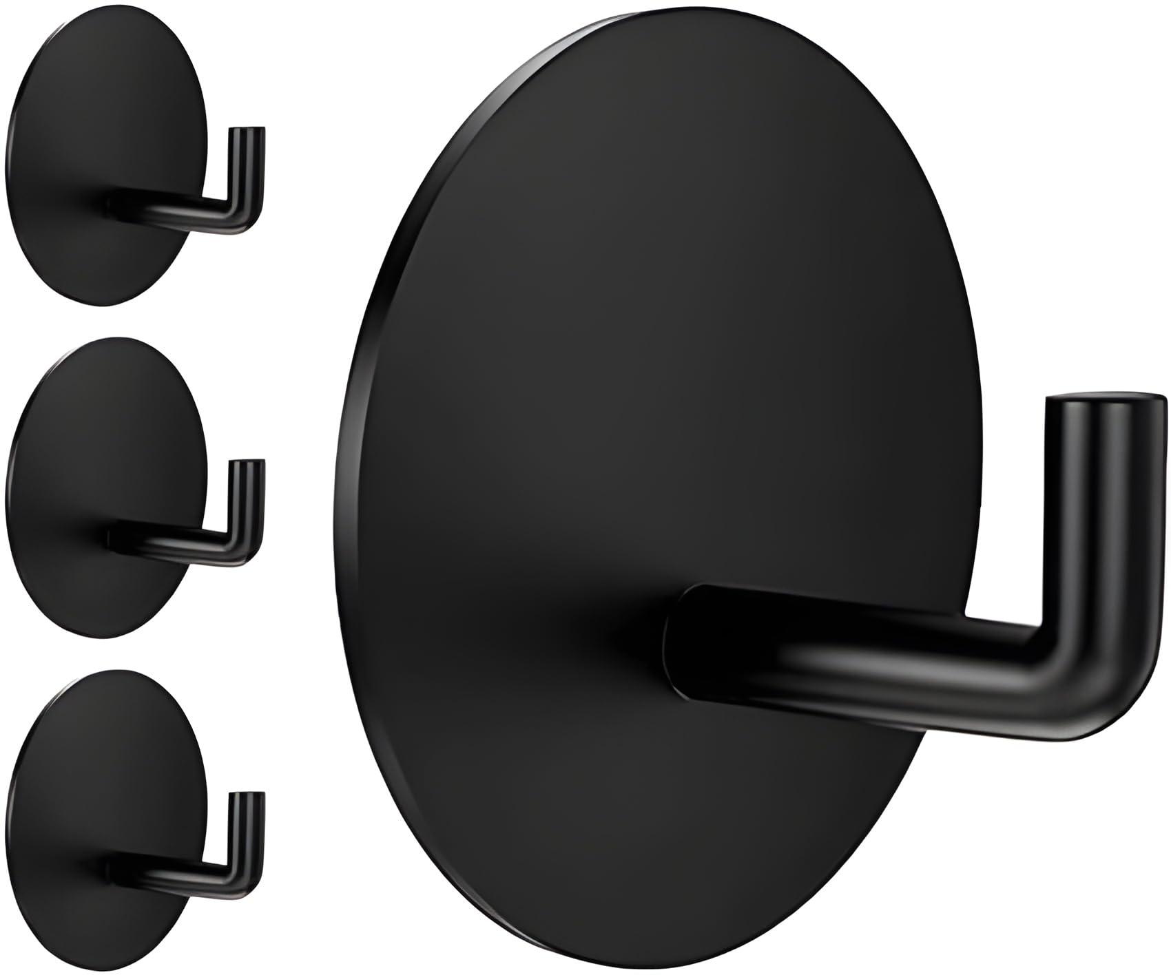 JIALTO 4 pcs Self-Adhesive Stainless Steel Hooks: Heavy-Duty Wall Hangings, Waterproof & Drill-Free - Strong Towel, Coat, and Kitchen Hooks for Bathroom and Kitchen (J Round Black)