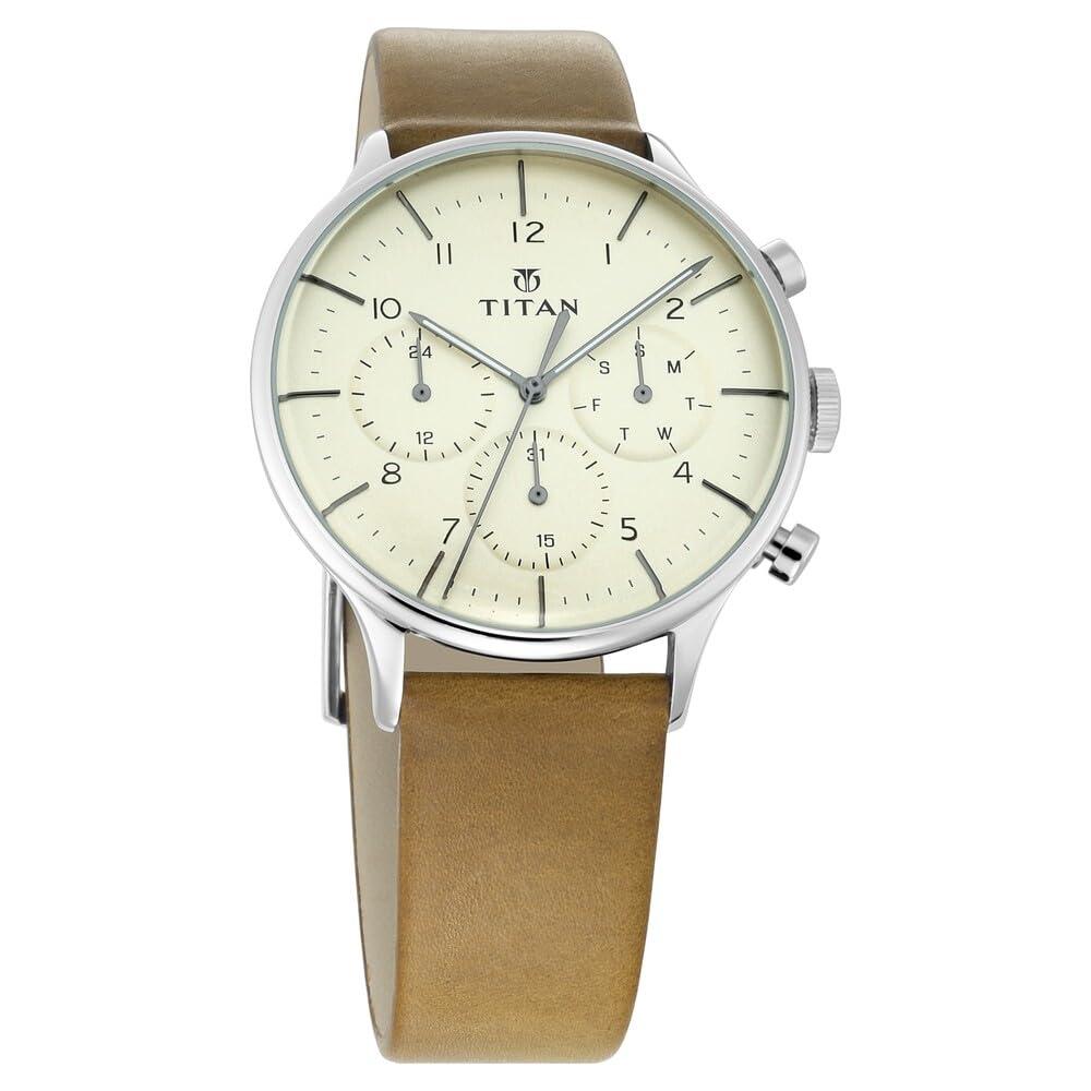 Titan On Trend Quartz Multifunction Off White Dial Tan Leather Strap Watch for Men - NT90102SL02