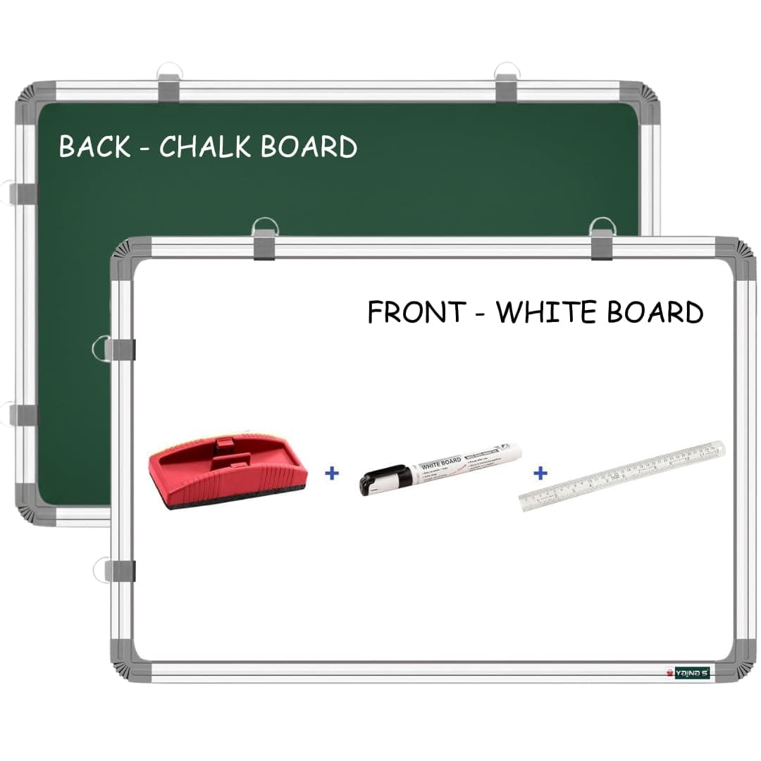 YAJNAS White Board 1.5x2 Feet Non-Magnetic | Double Sided Whiteboard & Chalkboard for Kids Study, Home Classroom, Office Teaching | with Duster, Marker & Scale | P4 Combo Study Board