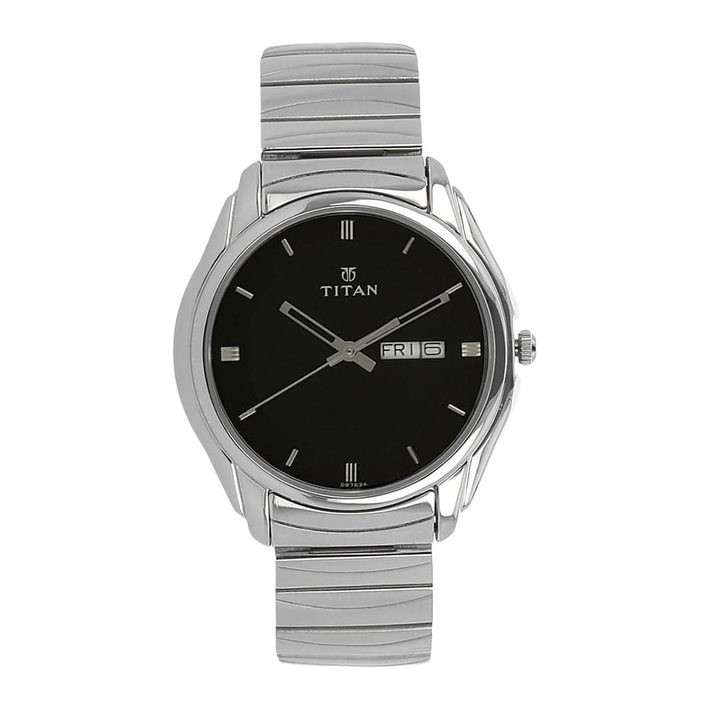 Titan Karishma Quartz Analog with Day and Date Black Dial Silver Stainless Steel Strap Watch for Men - NT1578SM04