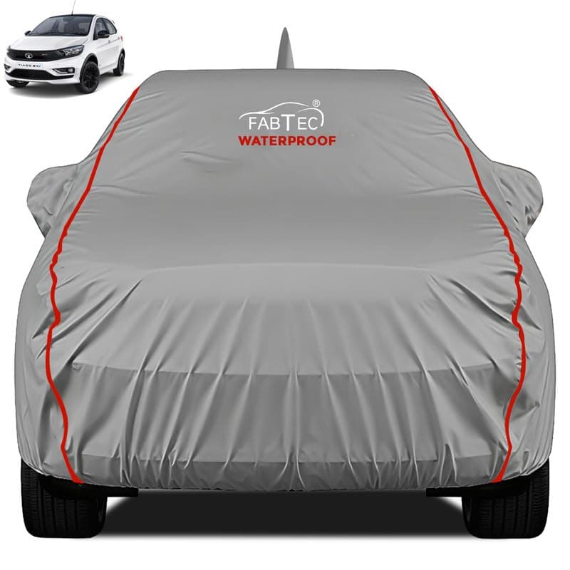 FABTEC Waterproof Premium Car Cover for Tata Tiago Super Waterproof Car Body Cover Heavy Duty Durable PEVA Grey with Red Piping