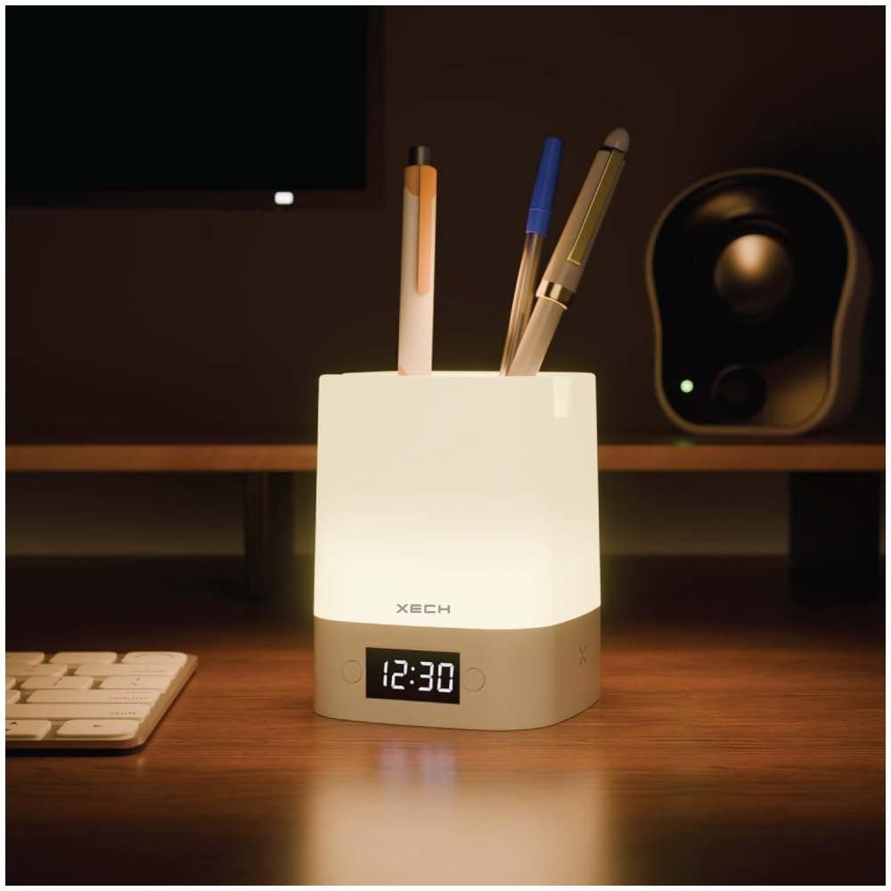 Xech Digital Clock with Pen Stand, Ambient Night Light & Mobile Holder | 3-Colour Ambient Light, Touch Control | Rechargeable Night Lamp for Office, Study & Bedside (Nova Digital)