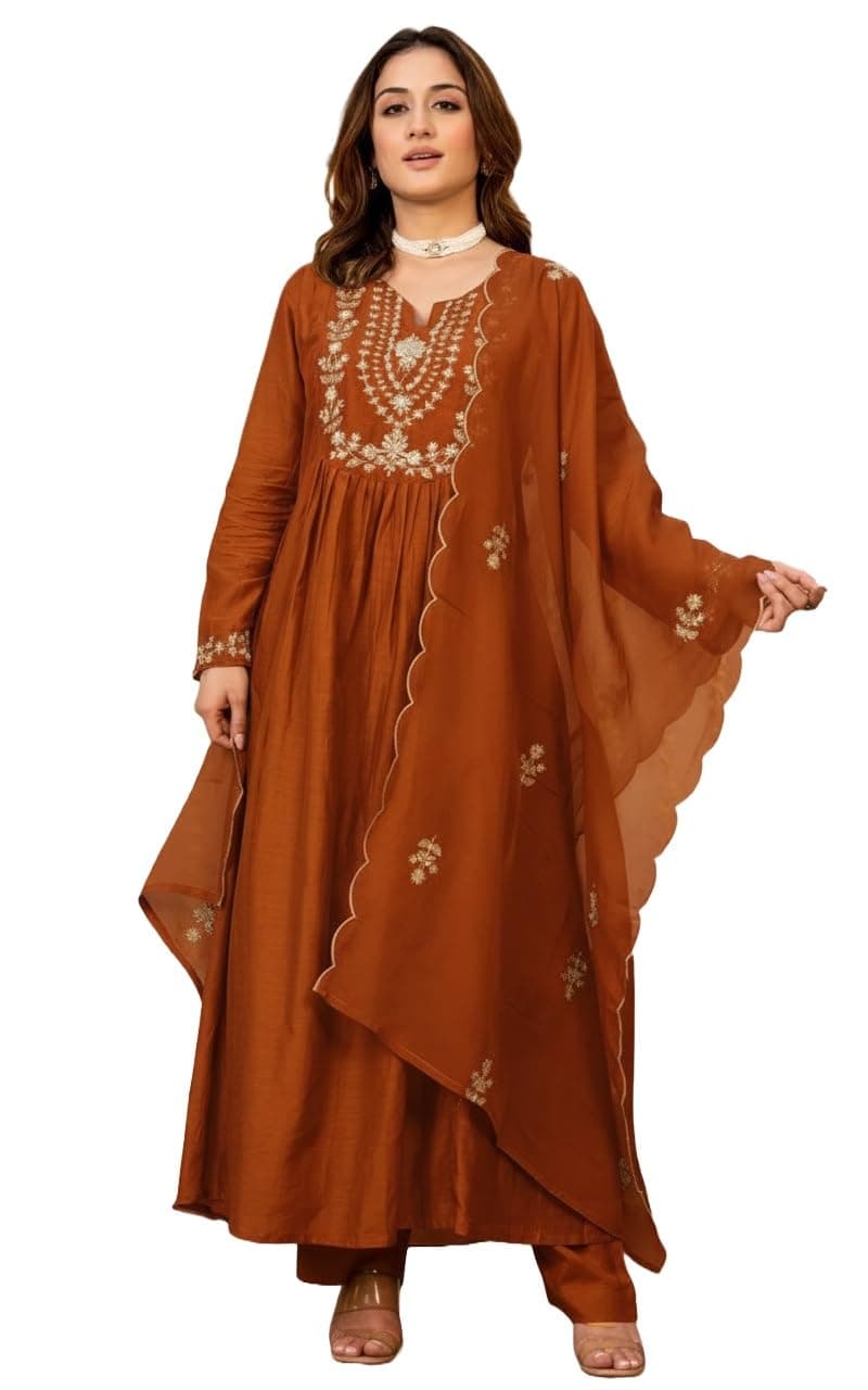 Nermosa Women Embroidery Solid A-Line Kurta and Pant Set with Dupatta (IN, Alpha, L, Rust)