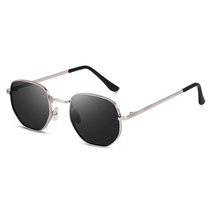 Dervin UV Protected Hexagonal Sunglasses for Men and Women (Silver-Black)