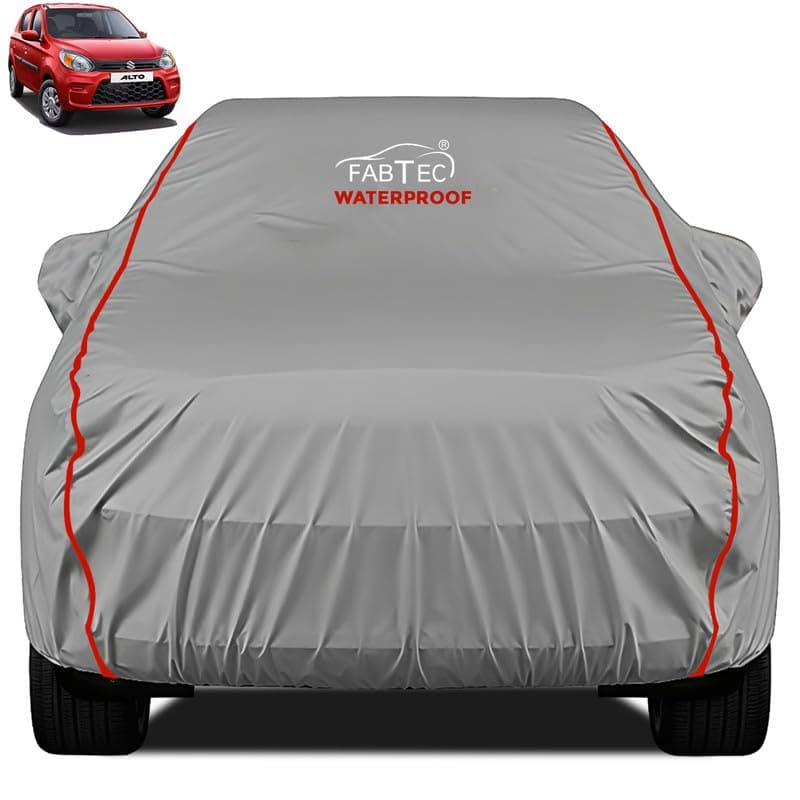 FABTEC Waterproof Premium Car Cover for Maruti Alto 800 Super Waterproof Car Body Cover Heavy Duty Durable PEVA Grey with Red Piping