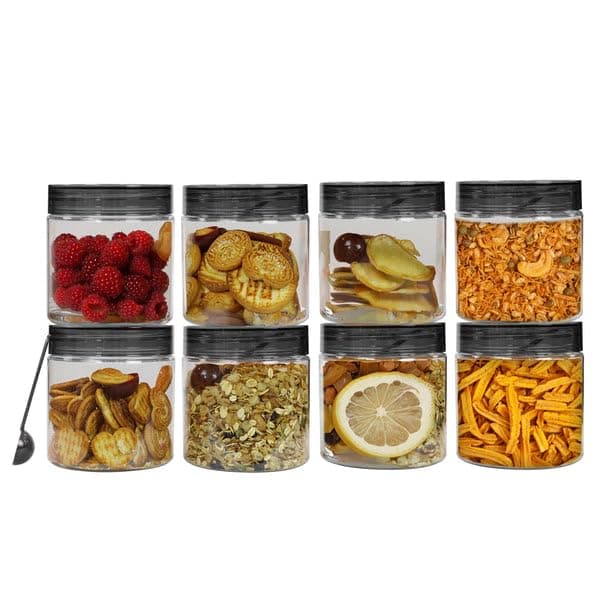 PEARLPET Plastic Containers for Kitchen Storage | Plastic Container Set with Spoon | BPA-Free, Stackable Jars | Black, 750ml (Set of 8)