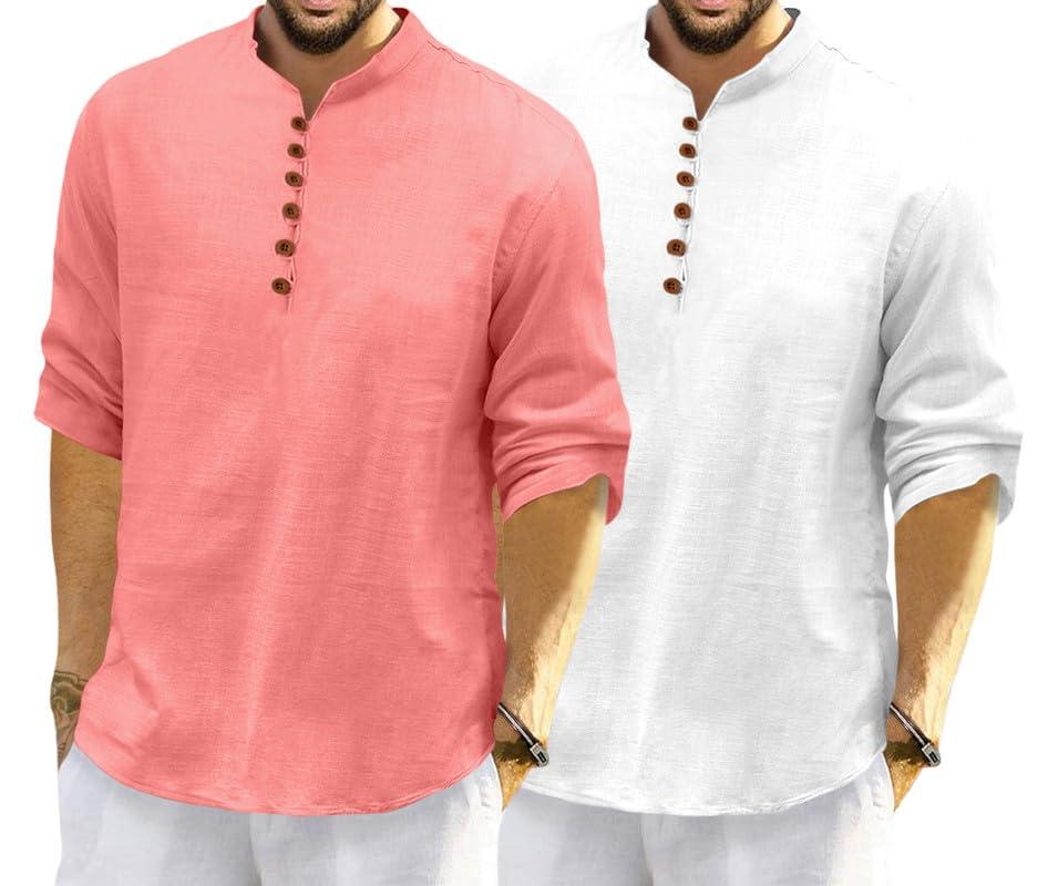 ROYALSCOUT Men's Cotton Polyester Blend Solid Regular Fit Full Sleeve Short Kurta | Ethnic, Lightweight Summer Kurta for Daily & Occasion Use Peach-White