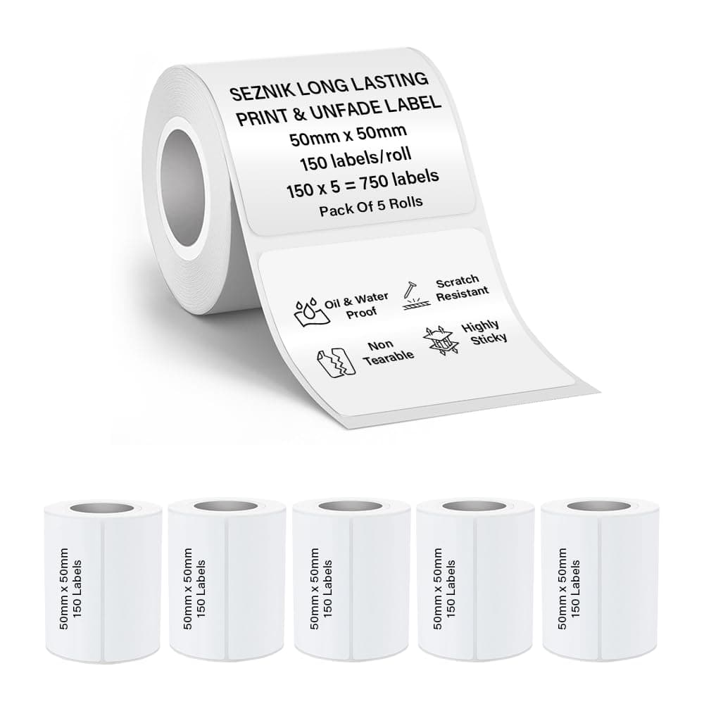 Seznik Waterproof, Non-Tearable, Sticky Thermal Lables, Label Roll, 2 inch Adhesive Thermal Labels for Label Printers, 50mmx50mm, 750 Lables