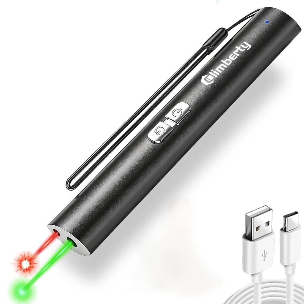 Climberty® USB-C Rechargeable Dual-Color Laser Pointer with Green 3000m Range & Red 1000m Range, Aluminum Laser Light Pen for Presentation, Teaching, Pet Play