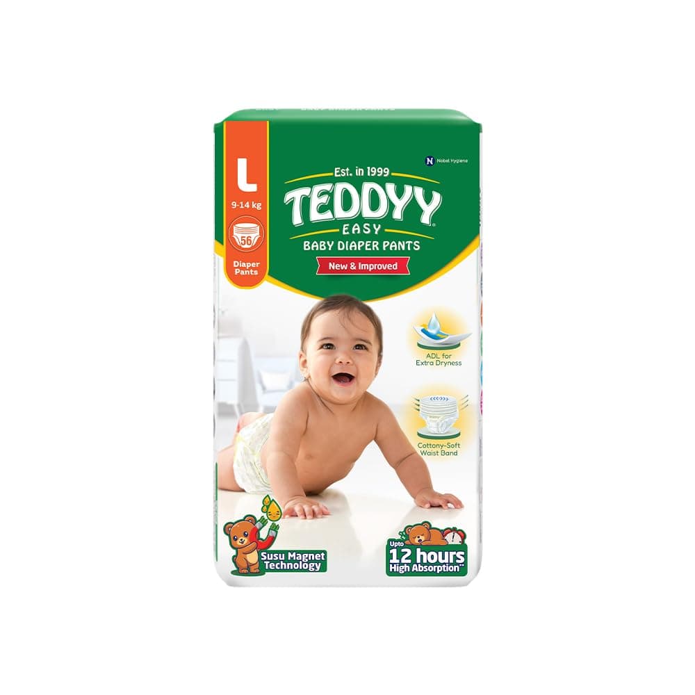TEDDYY Easy Baby L Size Diaper Pant Style | 56 Count (Large) | 9–14 kg (Pack of 1) | Long Protection Hours | Anti-Bacterial | Airy Breathable Fit | Rapid Soaker Channels & Wetness Indicator
