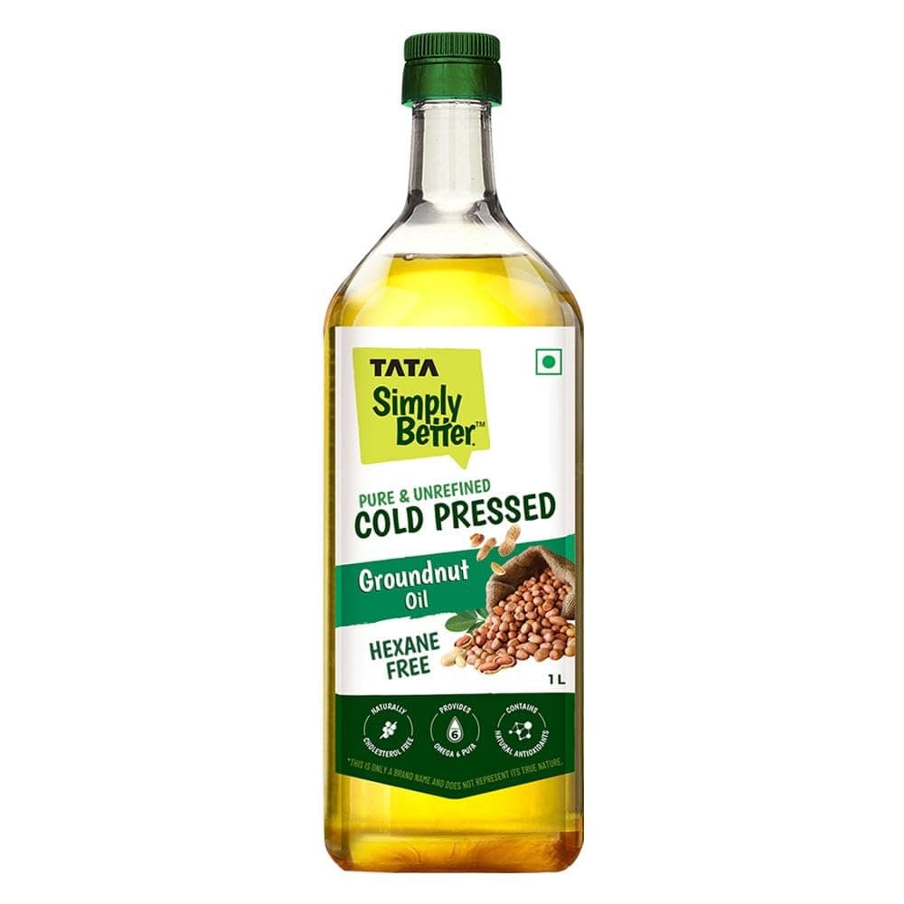 Tata Simply Better Pure & Unrefined Cold Pressed Groundnut (Peanut) Oil,Kolhu/Kacchi Ghani/Mara Chekku/Ganuga,Naturally Cholesterol Free,1L,Groundnut Oil Rich Aroma & Flavour Of Real Groundnuts