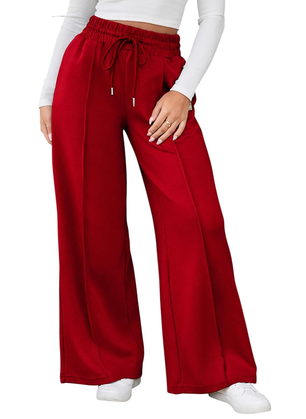 Q - RIOUS Women's Wide Leg Drawstring Relaxed Fit Trouser (Red_36)