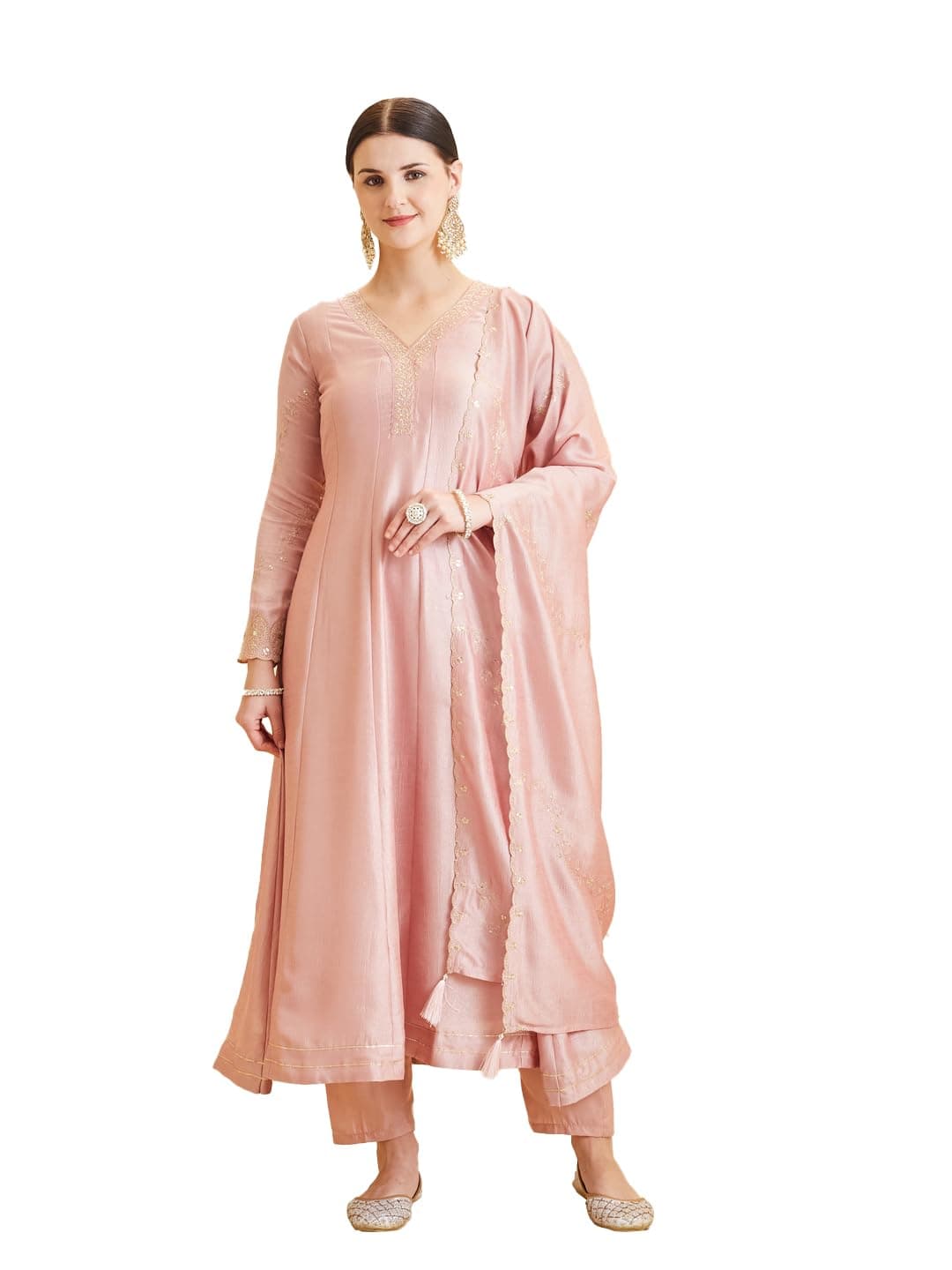 MOKOSH Women’s Pink Silk Embroidery Anarkali Kurta Pant with Dupatta