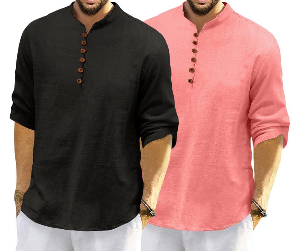 ROYALSCOUT Men's Cotton Polyester Blend Solid Regular Fit Full Sleeve Short Kurta | Ethnic, Lightweight Summer Kurta for Daily & Occasion Use Black-Peach