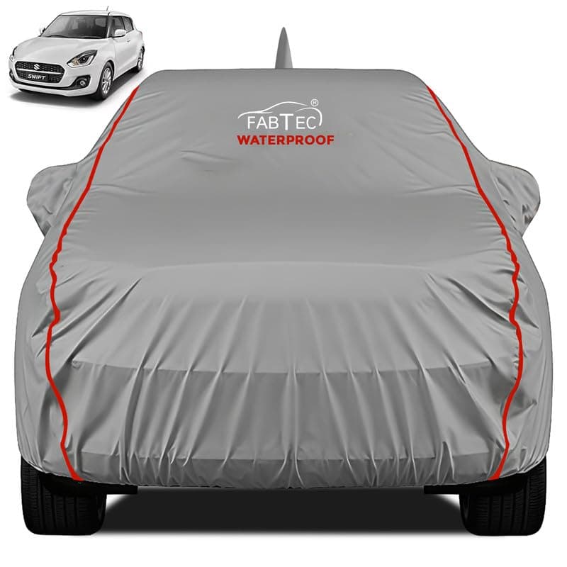 FABTEC Waterproof Premium Car Cover for Maruti Swift 2024 Super Waterproof Car Body Cover Heavy Duty Durable PEVA Grey with Red Piping