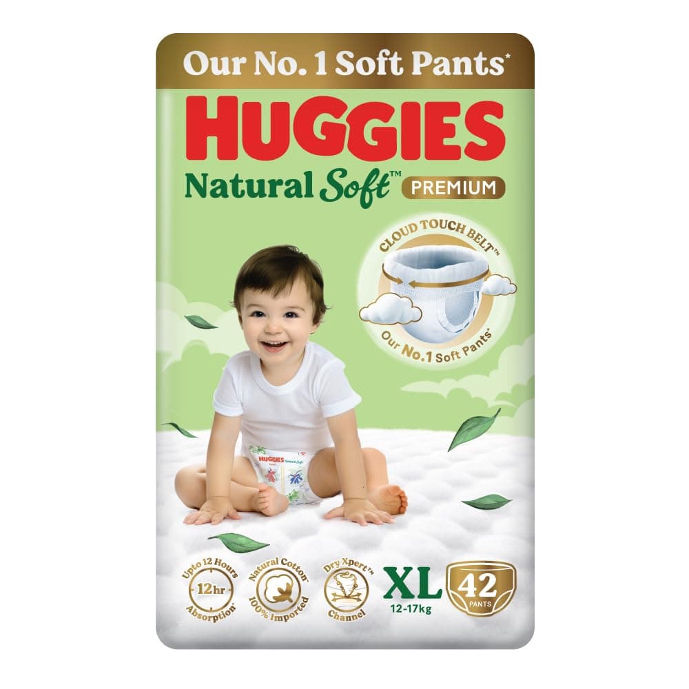 Huggies Natural Soft Premium Baby Diaper Pants, Our No.1 Soft Pants, Extra Large (XL) Size (12-17 Kgs), Pack of 42 diapers | Cloud Softness All over with India's 1st Cloud Touch BeltTM
