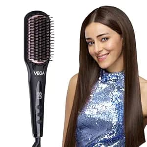 Vega Black Shine Hair Straightener Brush for Women, Straight in Min, Ionic & Thermoprotect Technology, 16 Temperature Settings, Hot Brush Heat Damage Protection for Scalp, Straightening Brush, VHSB-04