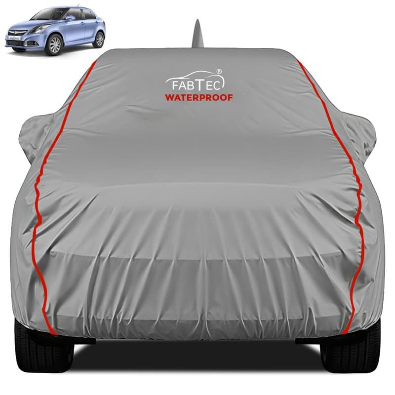 FABTEC Waterproof Premium Car Cover for Maruti Dzire (2012-16) Super Waterproof Car Body Cover Heavy Duty Durable PEVA Grey with Red Piping