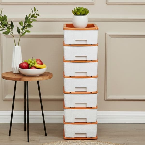Smarttex™ Plastic Modular Drawer Storage Chest Of Drawers Organizer Storage Box, Large Stomo Racks For Multipurpose Anti-slip Shoes Organizers (White & Golden, 7 Layer)