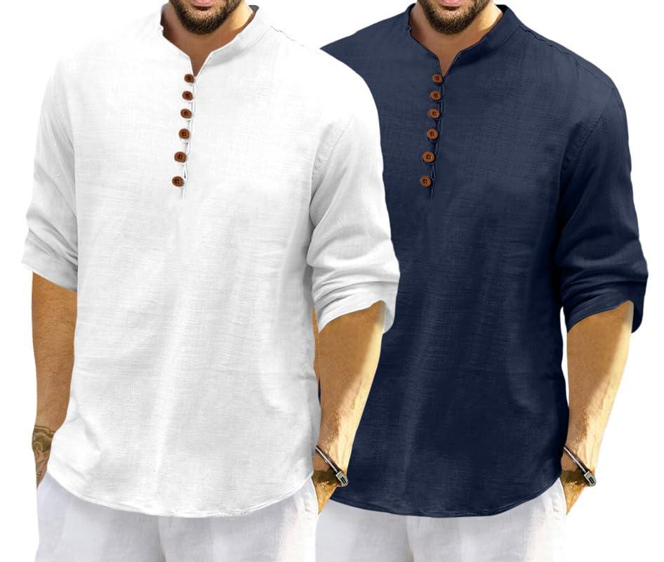ROYALSCOUT Men's Cotton Polyester Blend Solid Regular Fit Full Sleeve Short Kurta | Ethnic, Lightweight Summer Kurta for Daily & Occasion Use White-Navy