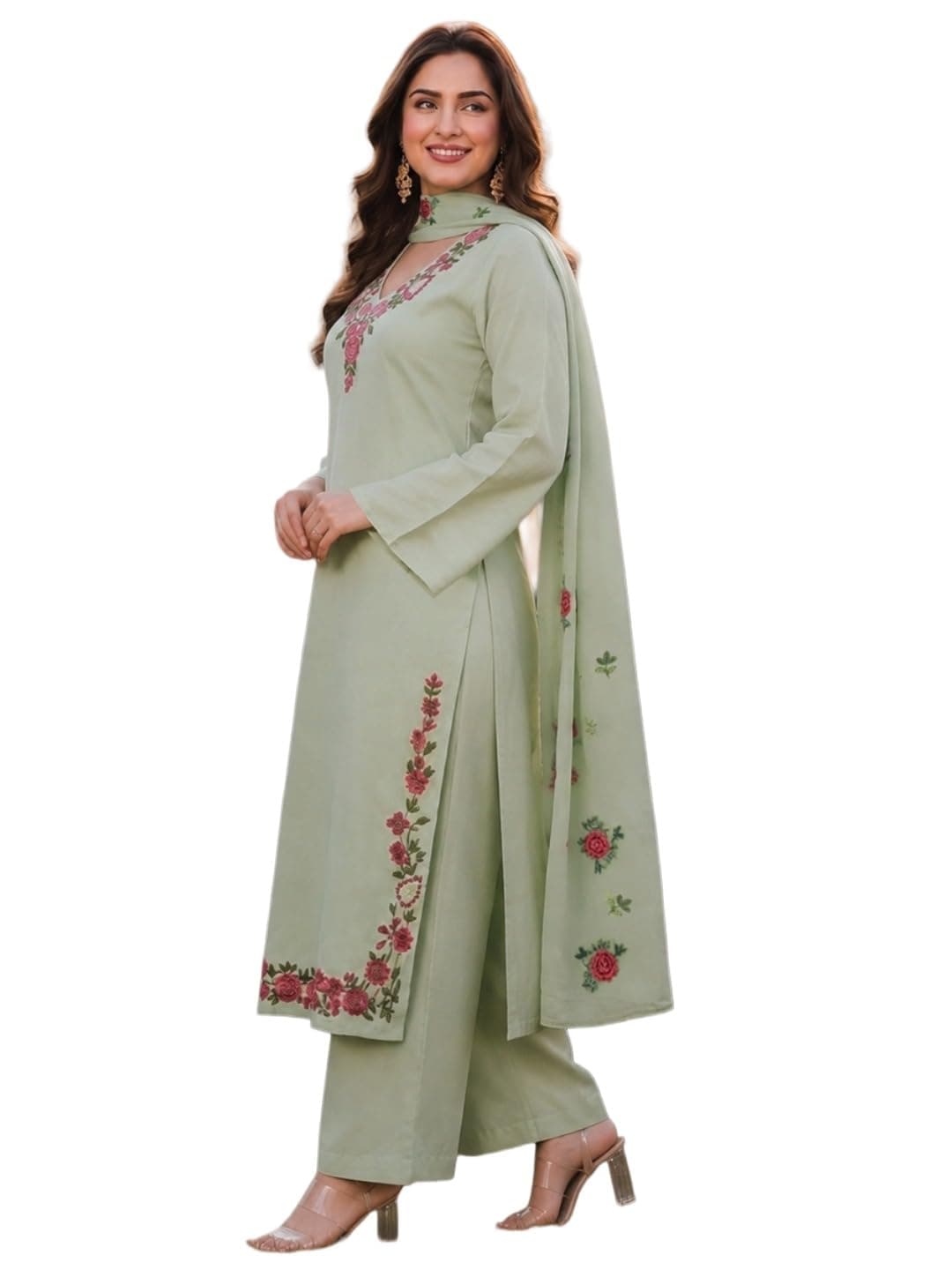 ANNI DESIGNER Women's Viscose Blend Straight Embroidered Kurta with Palazzo and Dupatta (MUKTA Pista_M_Pista_Medium)