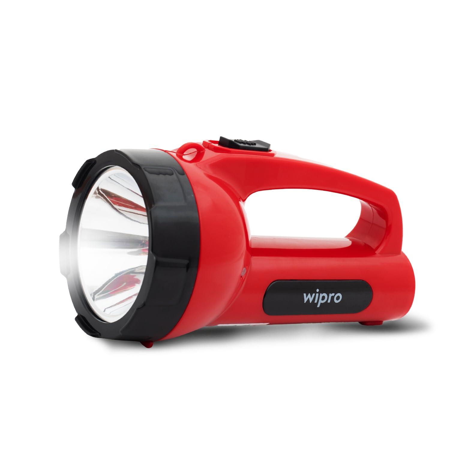 Wipro Emerald Rechargeable Emergency Light, Torch with One-Button Operation, High Power with 3000mAH Lithium Battery, and an Ergonomic Design (Red, Pack of 1)